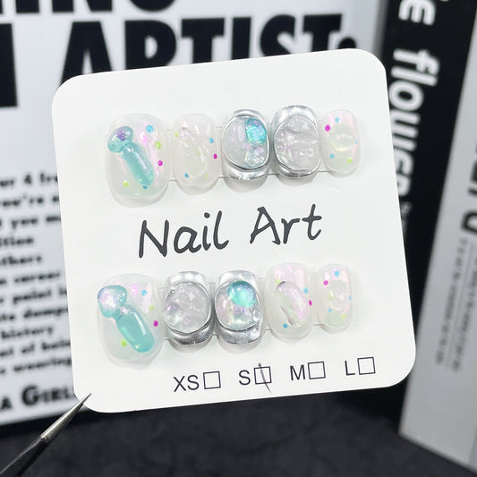 JINGGWW Handcrafted Press On Nails | Sheer Iridescent Set With Aqua Accents