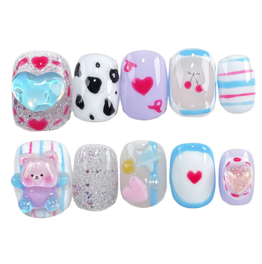 JINGGWW Artisan Press-On Nails | Kawaii Heart/Cherry Accents