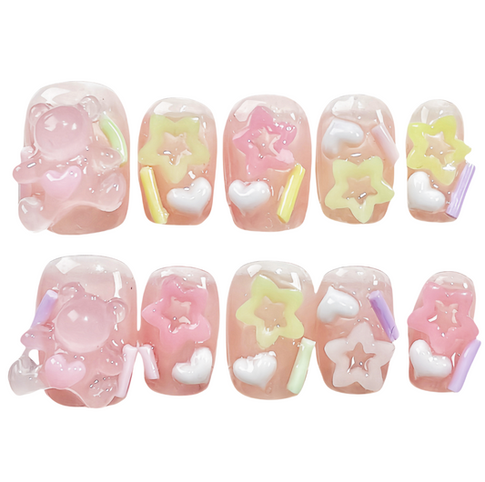JINGGWW Handmade Press On Nails - Cute Bear & Star Design | 10pcs Set