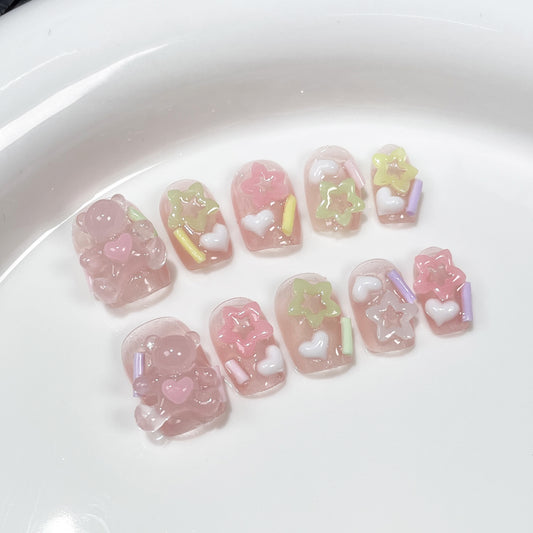 JINGGWW Handmade Press On Nails - Cute Bear & Star Design | 10pcs Set