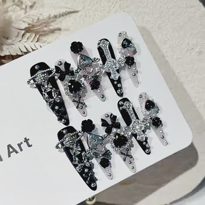 JINGGWW Long Stiletto Press On Nails | Luxury Gothic Diamond Cross & Black Rose - 10Pcs